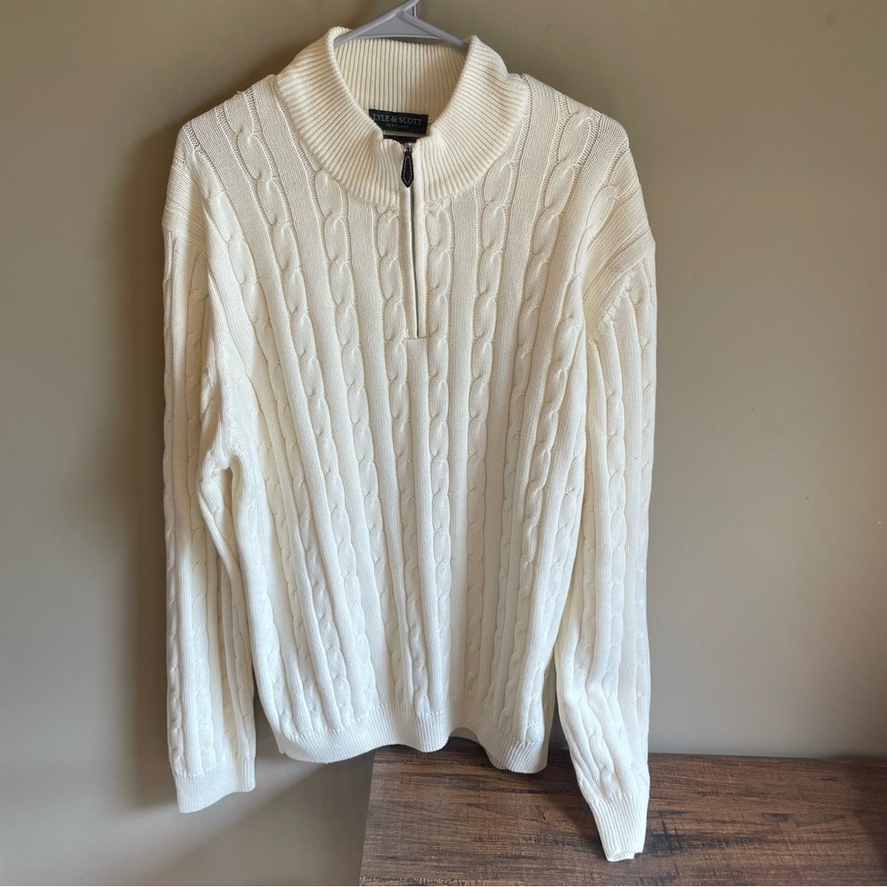 LYLE & SCOTT Scotland men’s quarter zip cable knit sweater, cream, large